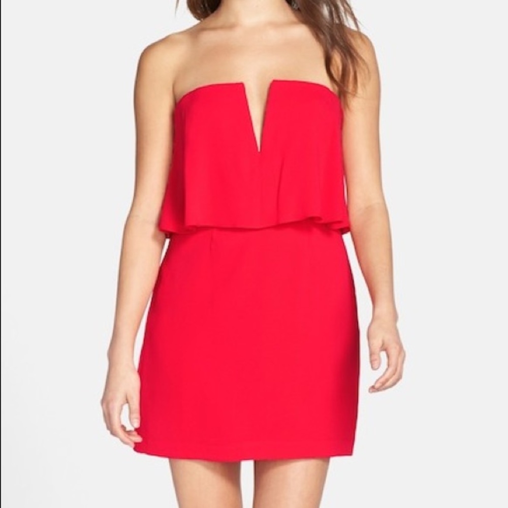 BCBG red strapless crepe “Kate” cocktail dress